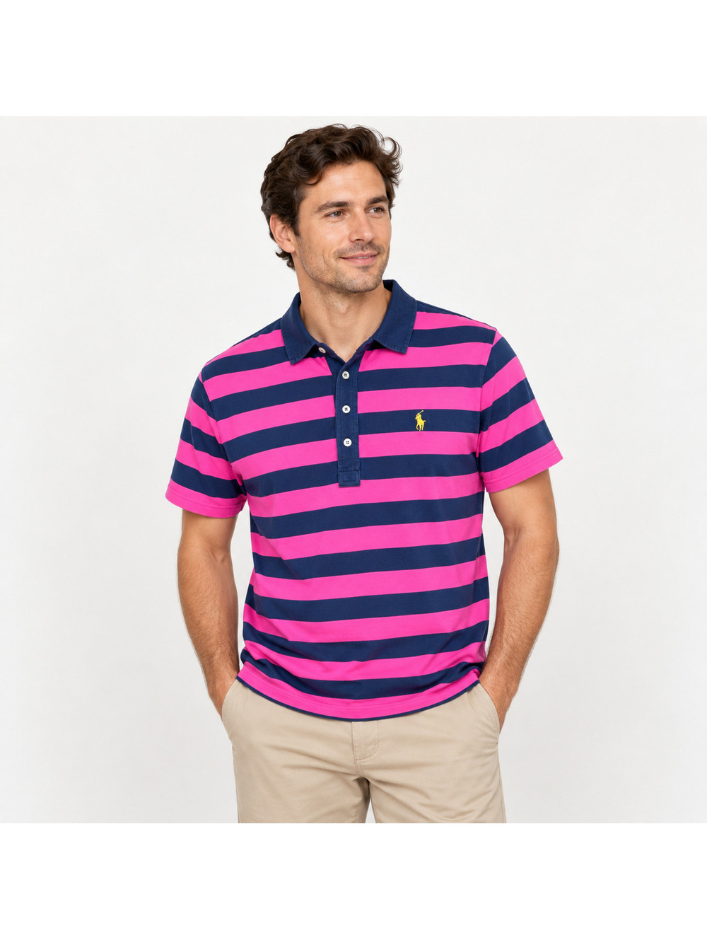 Polo Golf Ralph Lauren Men's L Pro Fit Pink Navy Stripe Cotton Polo Shirt